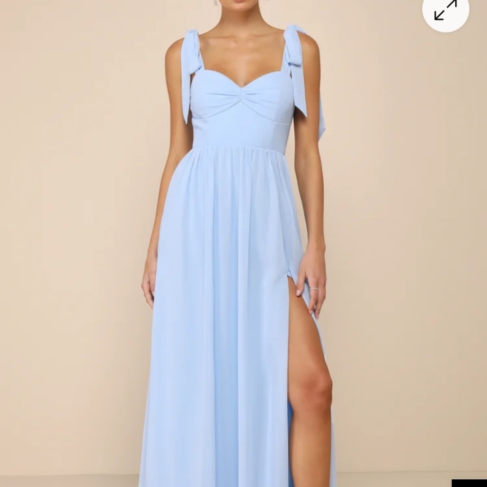 Lulu's Radiant Charisma Light Blue Chiffon Ruched Bow Strap Maxi Dress